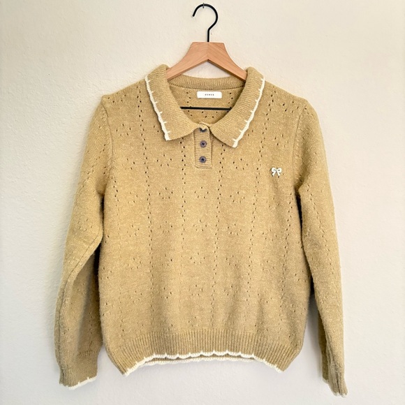 ounce Sweaters - Ounce Pointelle Collared Sweater in Khaki